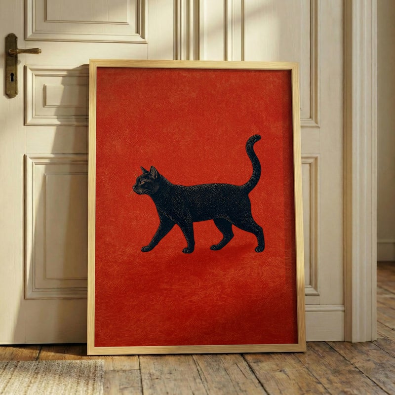 TNESSENTIAL Mid-Century Black Cat Print – Minimalist Walking Cat Art, Retro Red Abstract Decor, Sophisticated Cat Poster, Vintage Cat Illustration - Image 1