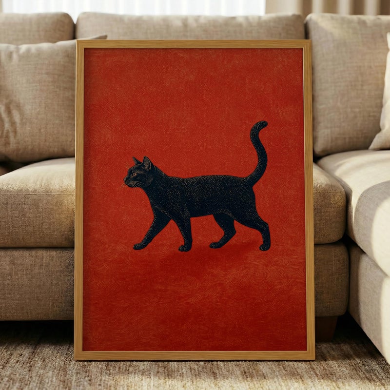 TNESSENTIAL Mid-Century Black Cat Print – Minimalist Walking Cat Art, Retro Red Abstract Decor, Sophisticated Cat Poster, Vintage Cat Illustration - Image 5