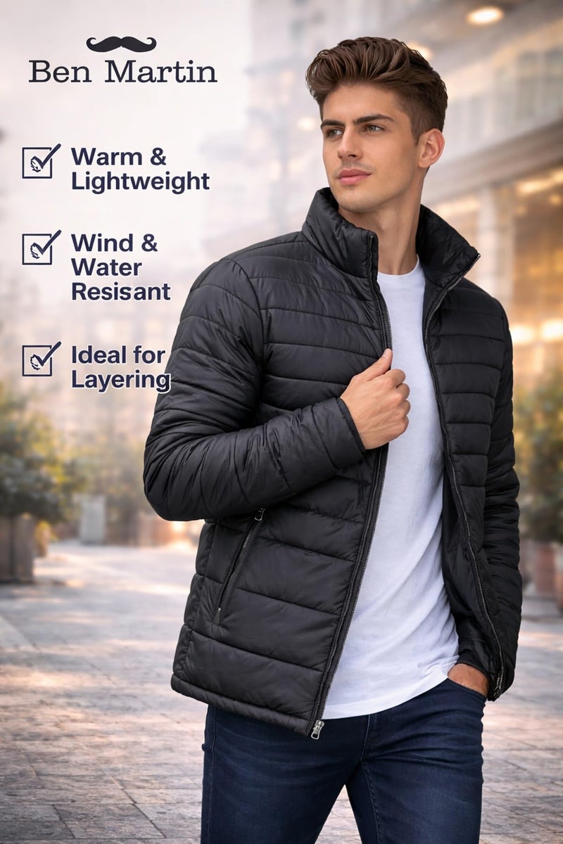 Ben Martin Men’s Quilted Winter Jacket | Lightweight Puffer Jacket for Men | Full Sleeve Stand Collar Casual & Travel Wear Jacket | Regular Fit – Black (Size 40) - Image 3