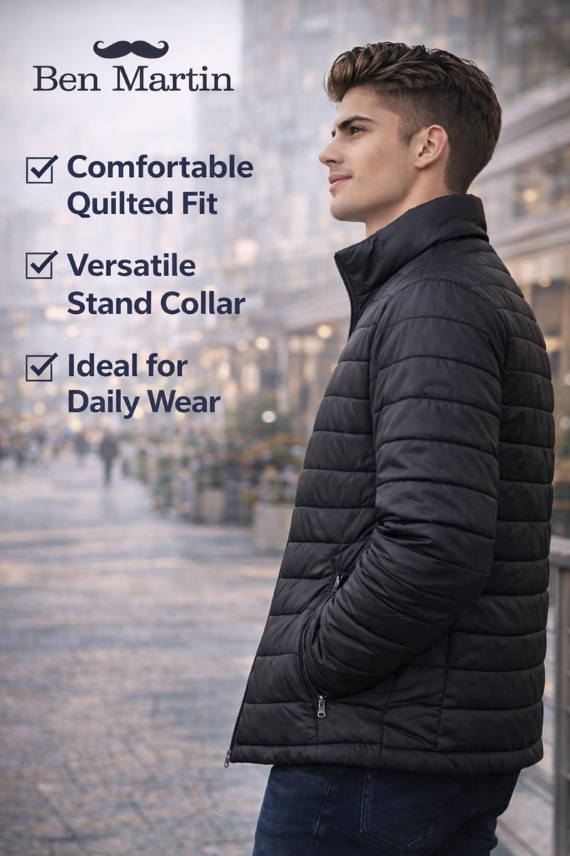Ben Martin Men’s Quilted Winter Jacket | Lightweight Puffer Jacket for Men | Full Sleeve Stand Collar Casual & Travel Wear Jacket | Regular Fit – Black (Size 40) - Image 5