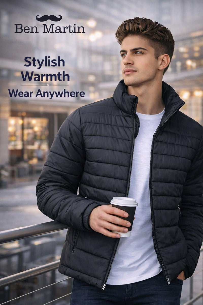 Ben Martin Men’s Quilted Winter Jacket | Lightweight Puffer Jacket for Men | Full Sleeve Stand Collar Casual & Travel Wear Jacket | Regular Fit – Black (Size 40) - Image 4