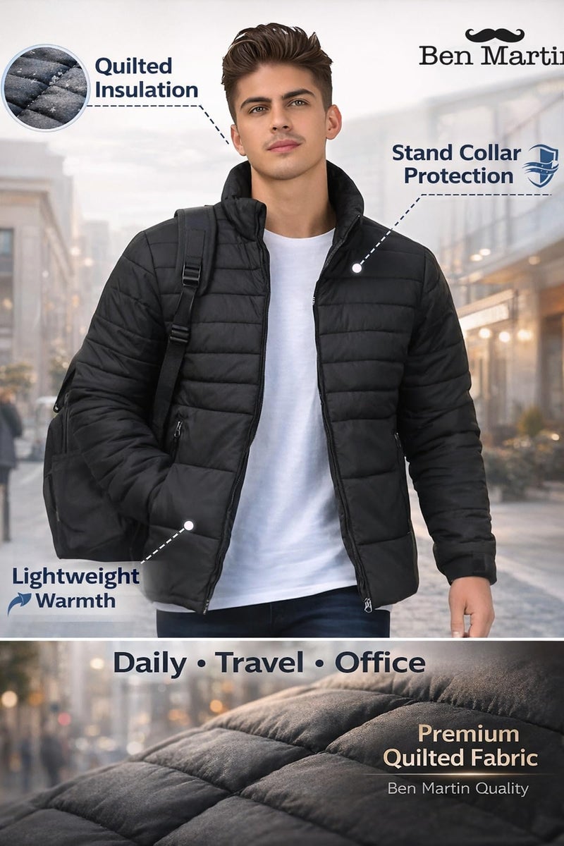 Ben Martin Men’s Quilted Winter Jacket | Lightweight Puffer Jacket for Men | Full Sleeve Stand Collar Casual & Travel Wear Jacket | Regular Fit – Black (Size 40) - Image 2