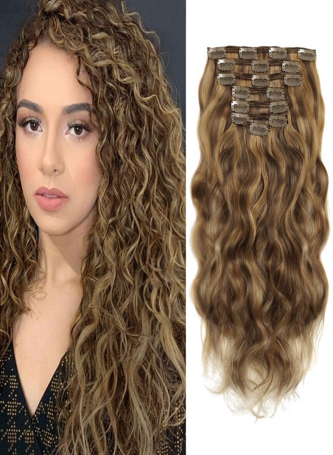 Caliee 16 inch Full Head Natural Wave Curly Clip in Human Hair Extensions Highlight Dark Brown Mixed with Strawberry Blonde for Women Thick End Real Remy Hair Extension Clip ins 120g 7pcs Color #P4/27 - Image 1