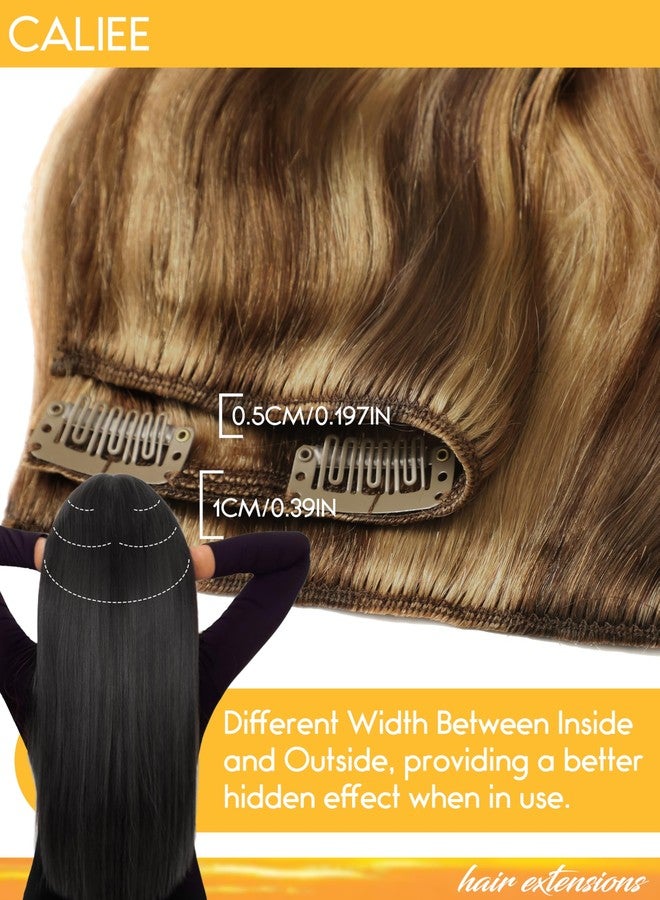 Caliee 16 inch Full Head Natural Wave Curly Clip in Human Hair Extensions Highlight Dark Brown Mixed with Strawberry Blonde for Women Thick End Real Remy Hair Extension Clip ins 120g 7pcs Color #P4/27 - Image 4