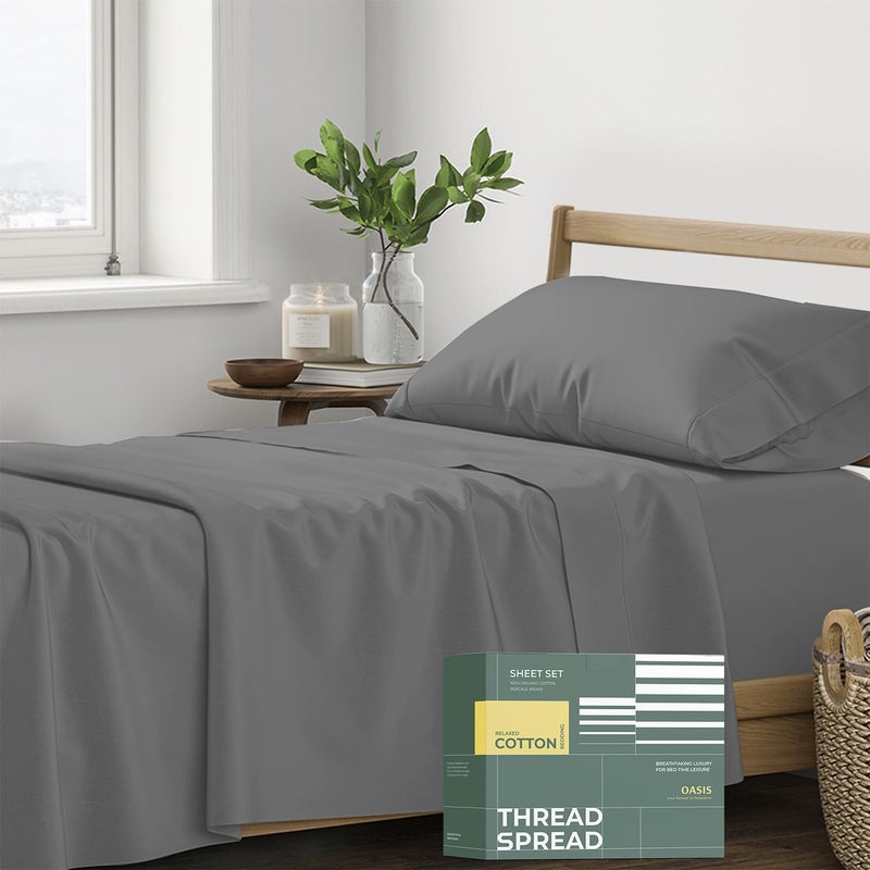THREAD SPREAD 100% Organic Cotton Sheets Twin XL Size - 3 PC Organic Cotton Twin XL Size Percale Weave Sheet Set, Soft, Cooling, Crisp & Breathable, 16" Deep Pocket Hotel Quality Bedding - Dark Grey - Image 1