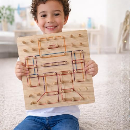 Lattooland Wooden Geoboard 8x8 Big Size with Wooden Pegs NO Nails Brain Board Montessori STEM Toy for Kids 42 Pattern Cards Bands Math Geometry Educational Game 3 4 5 6 Year Boys Girls - Image 1