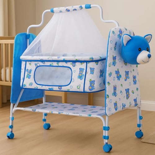 KIDBITKART Premium Jumbo Baby Cradle New Born Baby Sleep Swing Cradle/Mattress & Wheels and Cradle for 0-13 Months Baby Boys and Girls (Blue Panda) (Blue) - Image 1