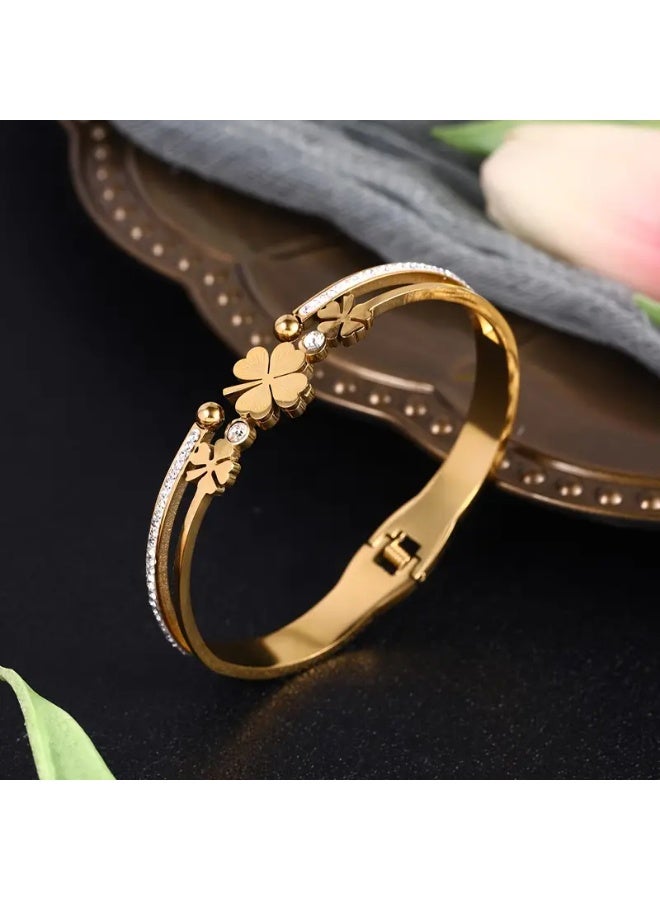 Goolsky Four Leaf Clovers Bangle Bracelet For Women – Fashionable Stainless Steel, Lucky Clover Design, Daily Wear/Lucky Charm, Adjustable Size - Image 1