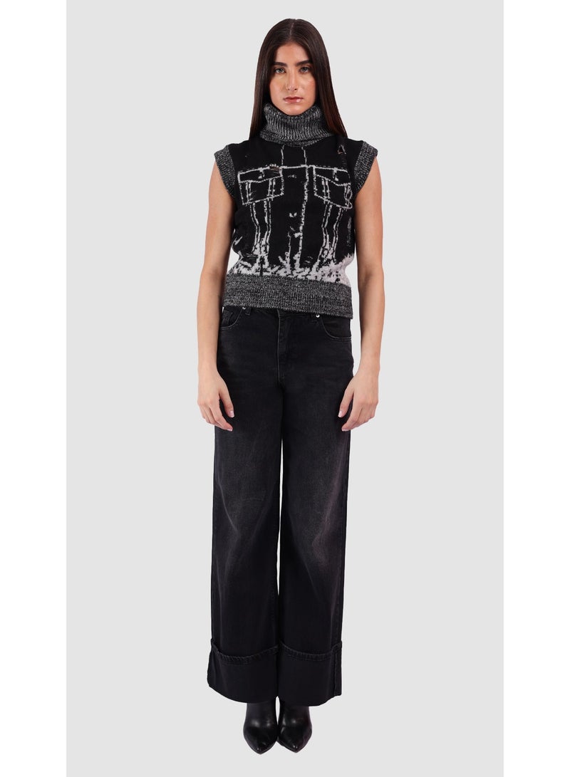 KYVELi Women’s Sleeveless High-Neck Jacquard Knit Sweater – Black - Image 2