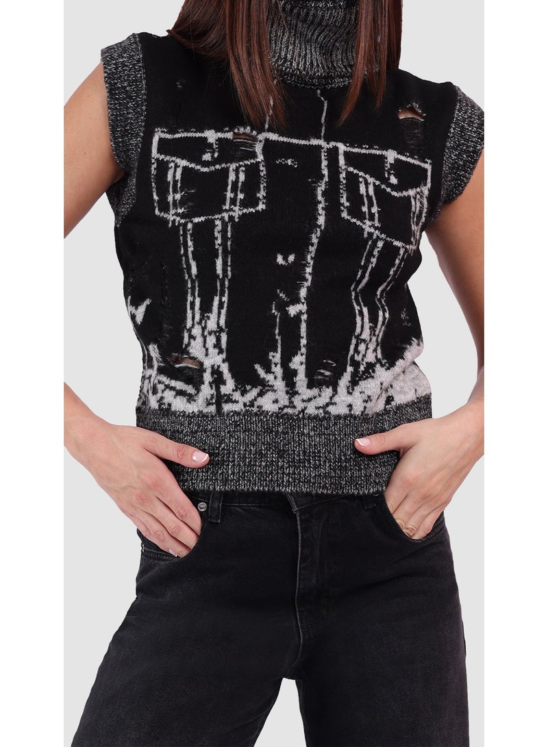 KYVELi Women’s Sleeveless High-Neck Jacquard Knit Sweater – Black - Image 1