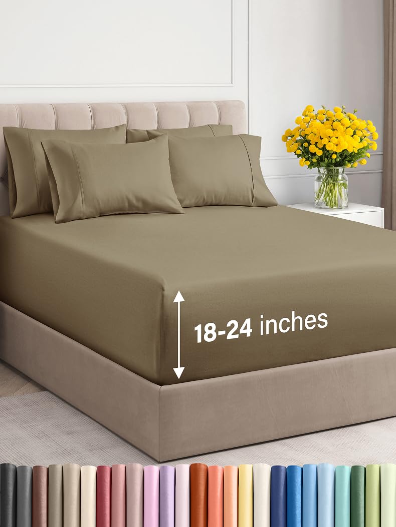 CGK Unlimited Extra Deep King Sheet Set - 6 Piece Breathable and Cooling Sheets - Hotel Luxury Bed Sheets Set - Easy & Secure Fit - Soft, Wrinkle Free and Comfy Sheets Set - Khaki Sheet Set with Extra Deep Pockets - Image 1