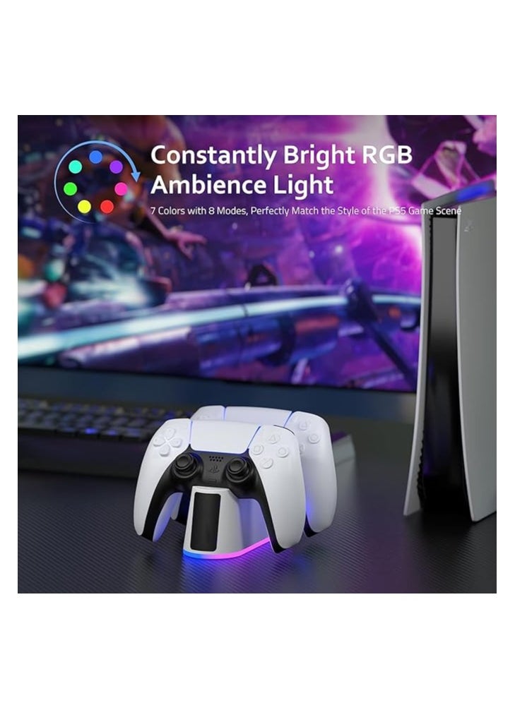 Charger Station for PS5 Controller charger RGB Light, Yakiter Fast Charging Dock for PlayStation 5 Controller, LED Indicator, Click-in Design, Safe Intelligent Protection for PS5 Controller