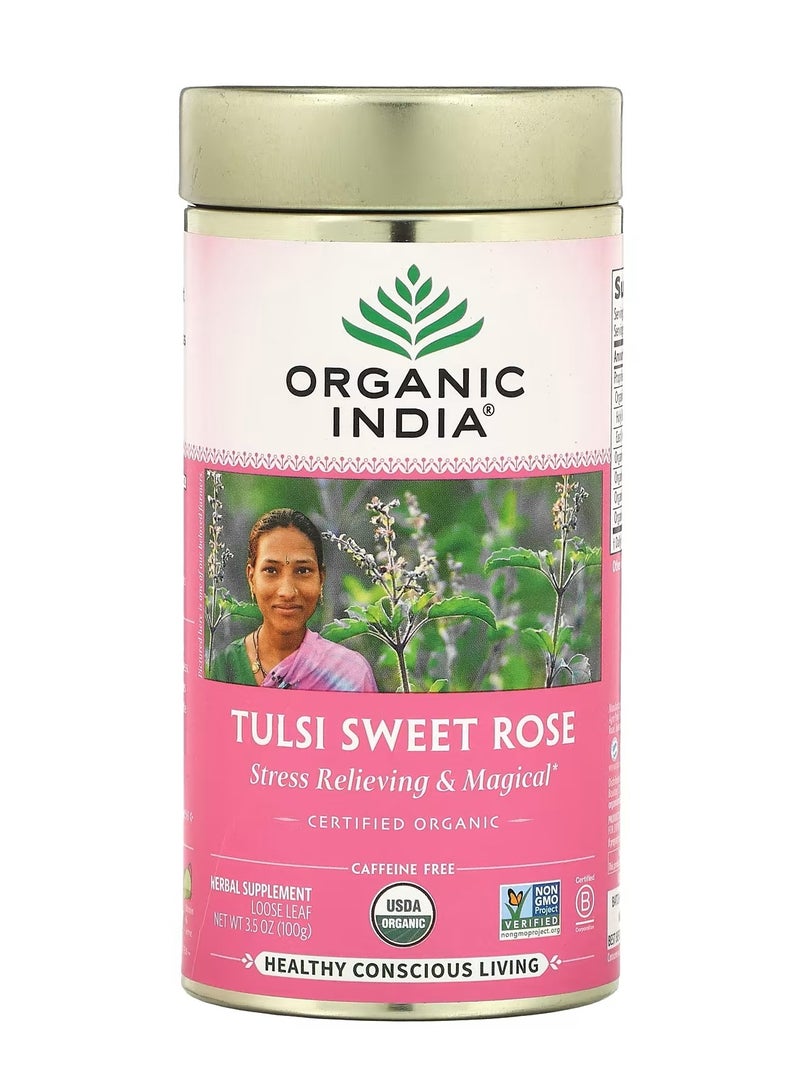 Organic India Tulsi Sweet Rose, Stress Relieving & Magical, Caffeine-Free 100g  - Image 1