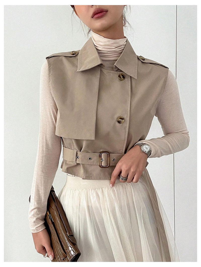WDIRARA Women's Sleeveless Cropped Trench Coat with Belted Lapel Collar Vest Coat Khaki Medium - Image 3