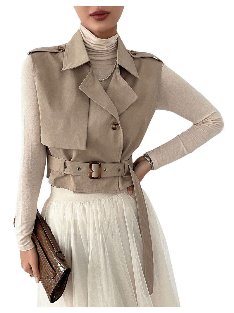WDIRARA Women's Sleeveless Cropped Trench Coat with Belted Lapel Collar Vest Coat Khaki Medium - Image 1