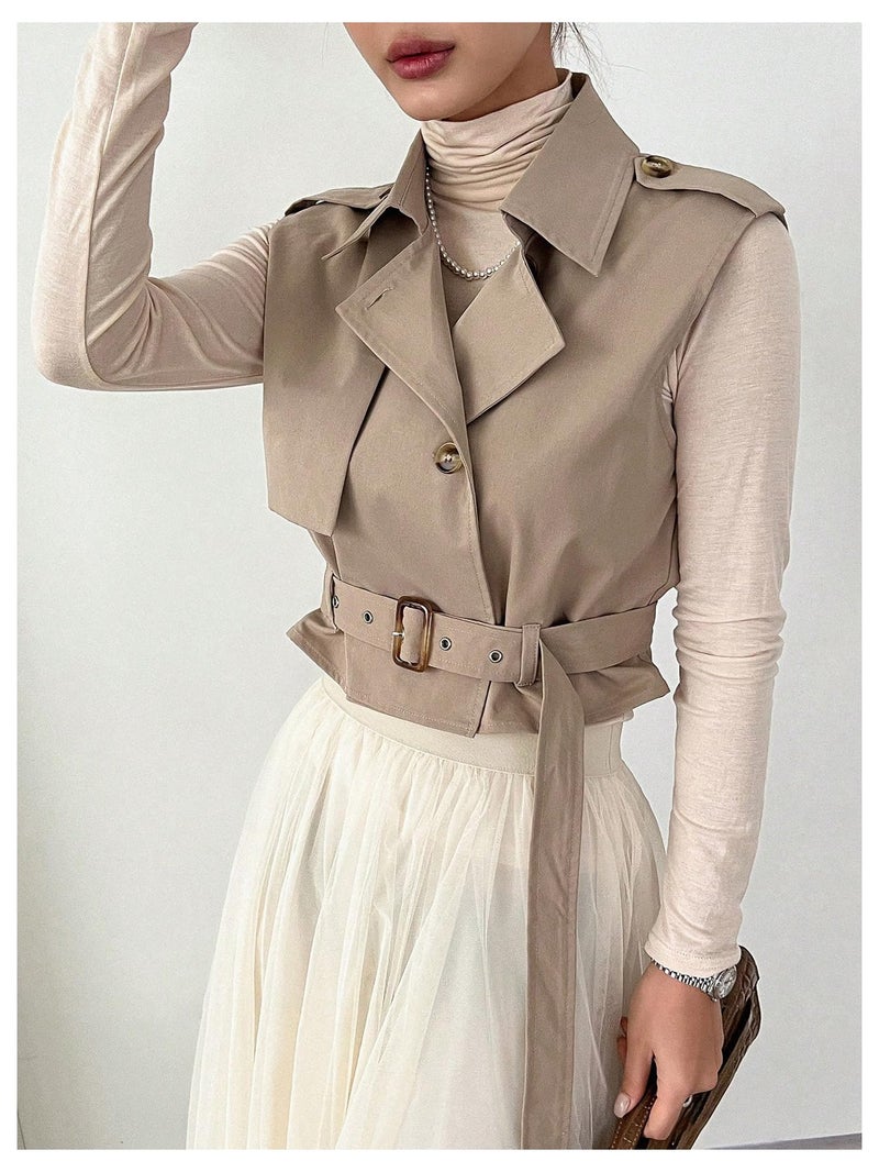 WDIRARA Women's Sleeveless Cropped Trench Coat with Belted Lapel Collar Vest Coat Khaki Medium - Image 4