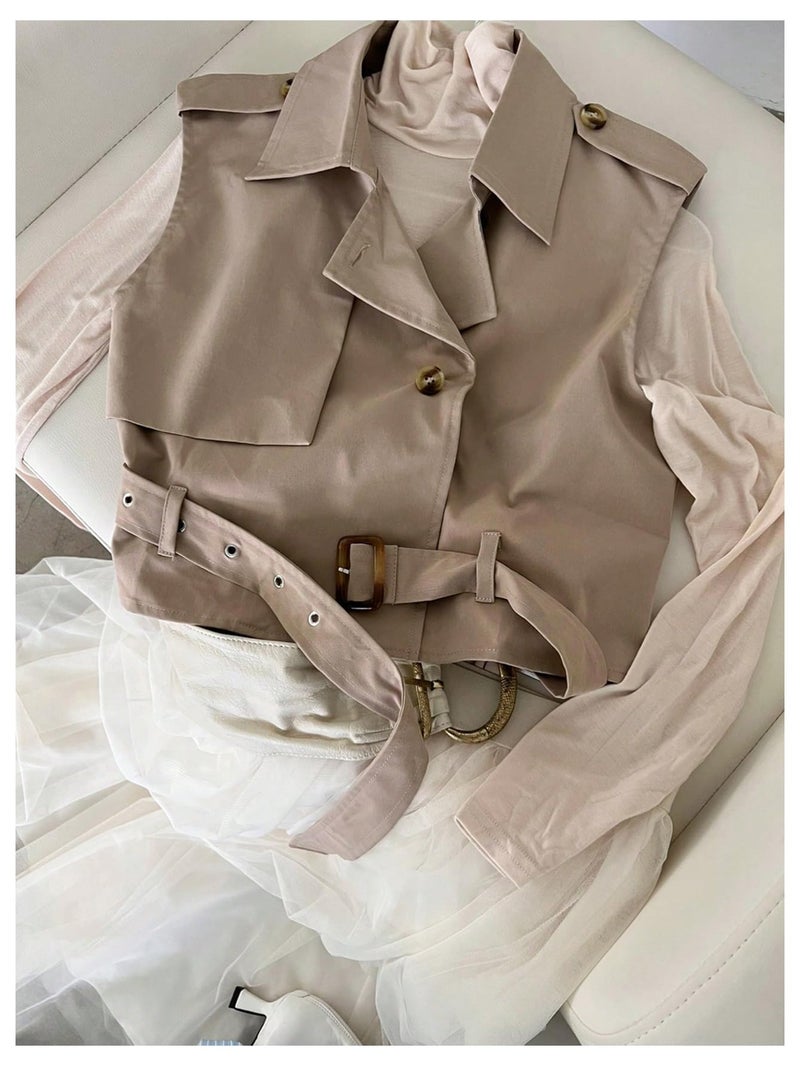 WDIRARA Women's Sleeveless Cropped Trench Coat with Belted Lapel Collar Vest Coat Khaki Medium - Image 5
