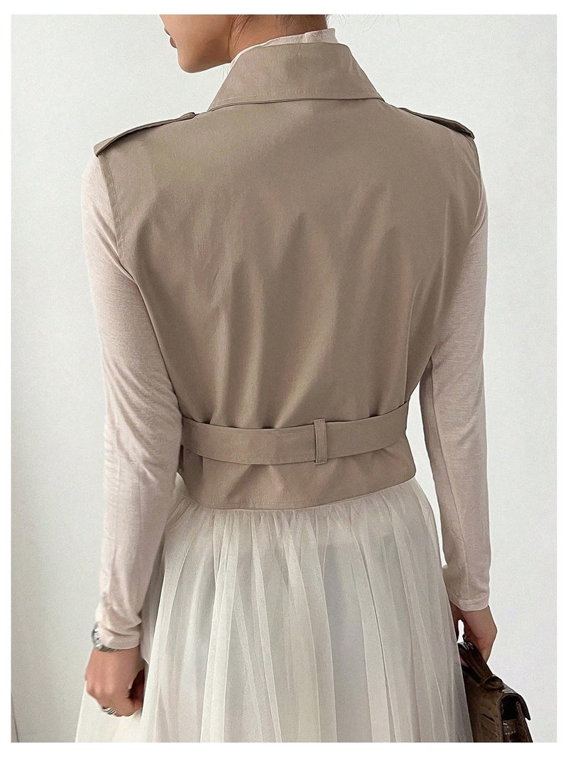 WDIRARA Women's Sleeveless Cropped Trench Coat with Belted Lapel Collar Vest Coat Khaki Medium - Image 2