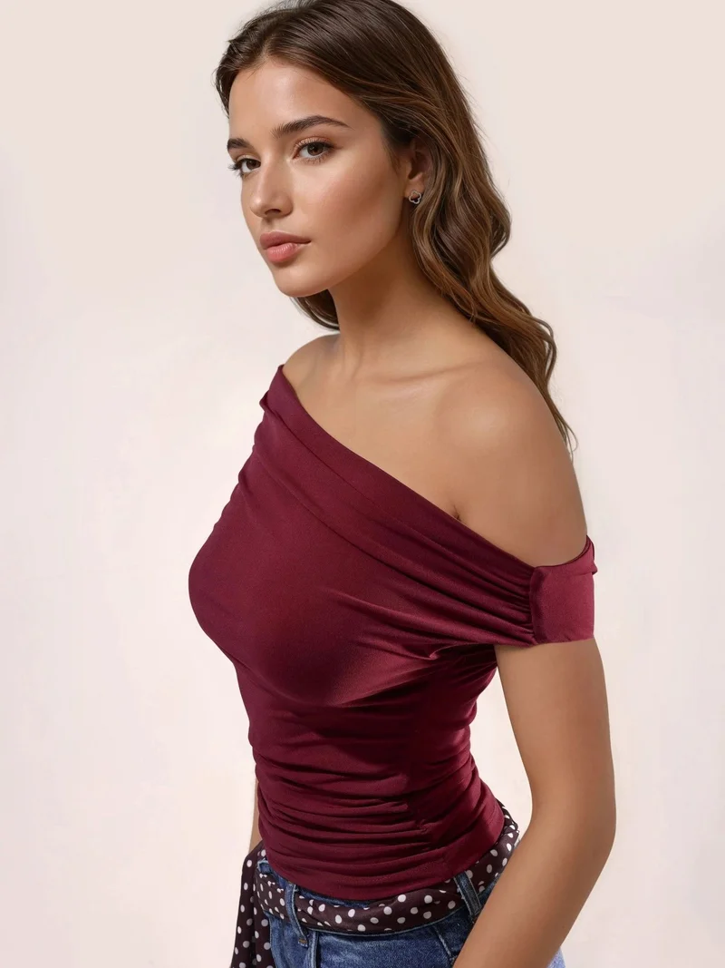 هيكاب Asymmetrical Neck One-Shoulder Sandy Blouse