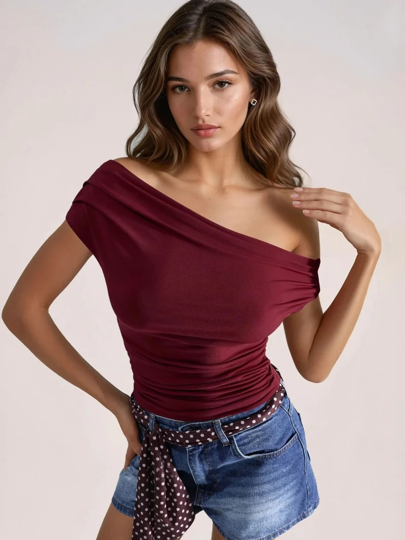 HICCUP Asymmetrical Neck One-Shoulder Sandy Blouse