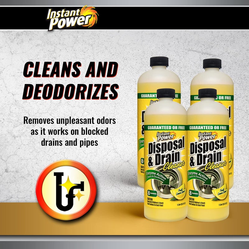 Instant Power Disposal and Drain Cleaner - Liquid Enzyme Clog Remover, Cleans and Deodorizes, Removes Drain Blockages, Fresh Lemon Scent 33.8 Fl oz, 1 Liter 4 Pack - Image 2