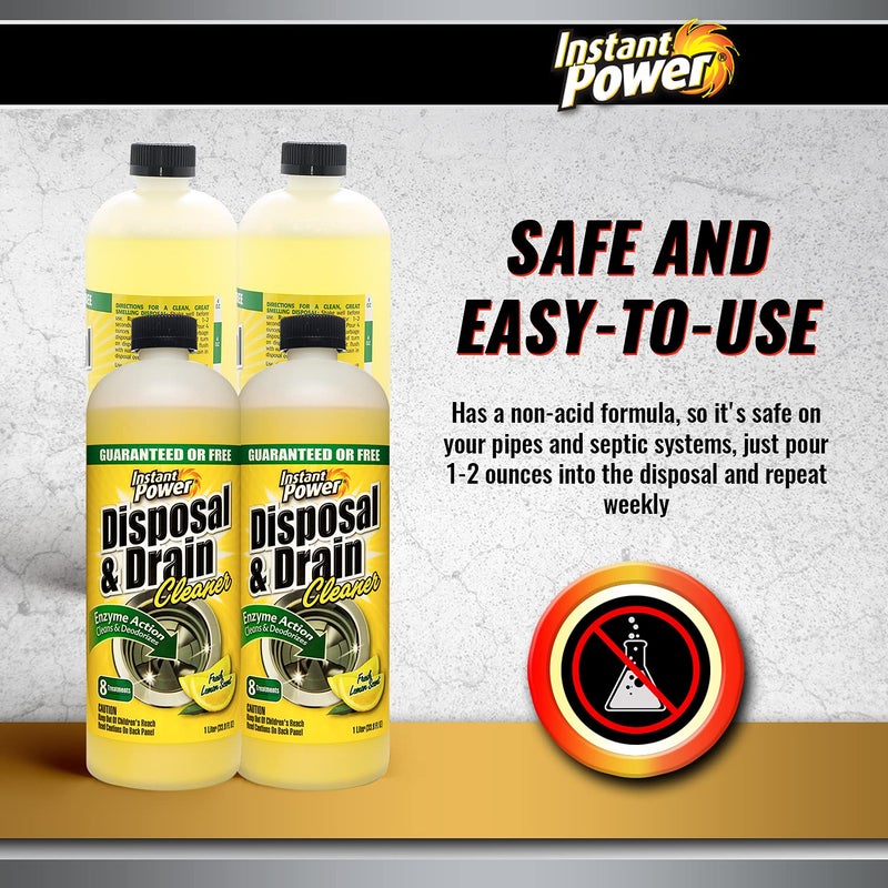 Instant Power Disposal and Drain Cleaner - Liquid Enzyme Clog Remover, Cleans and Deodorizes, Removes Drain Blockages, Fresh Lemon Scent 33.8 Fl oz, 1 Liter 4 Pack - Image 4