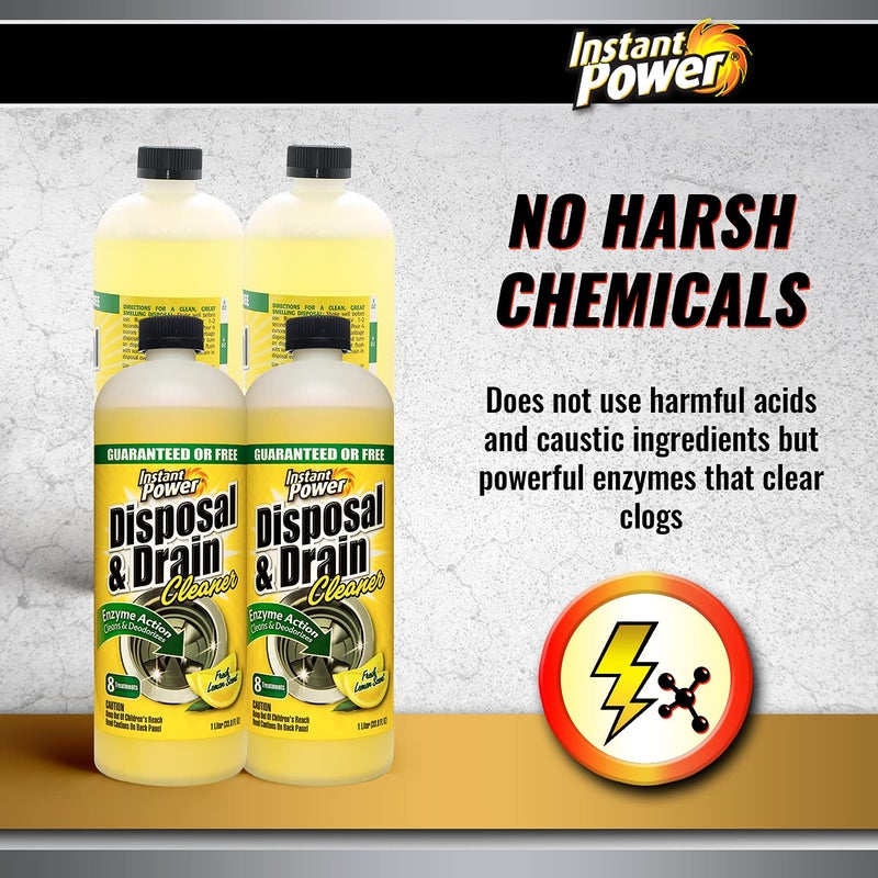 Instant Power Disposal and Drain Cleaner - Liquid Enzyme Clog Remover, Cleans and Deodorizes, Removes Drain Blockages, Fresh Lemon Scent 33.8 Fl oz, 1 Liter 4 Pack - Image 5