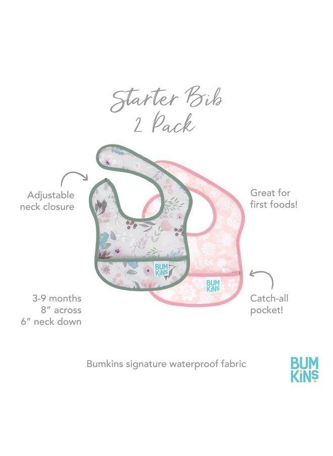 BUMKiNs Bibs, For Baby Girl Or Boy, Infant 3-9 Months, Essential Must Have For Eating, Feeding, Baby Led Weaning, Mess Saving Waterproof Soft Fabric, Starter Bib 2-Pk Floral And Lace Gray And Pink  - Image 2