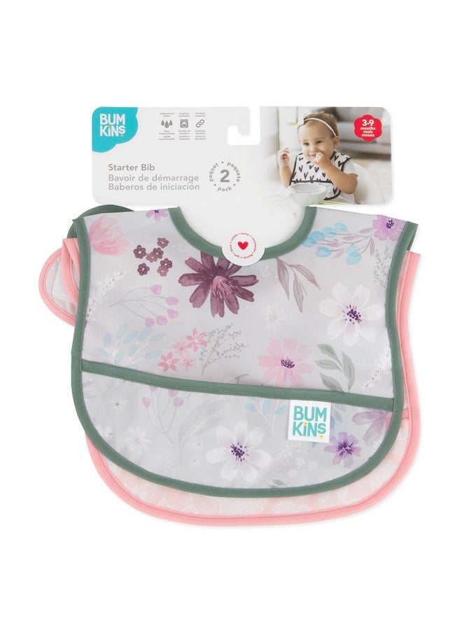 BUMKiNs Bibs, For Baby Girl Or Boy, Infant 3-9 Months, Essential Must Have For Eating, Feeding, Baby Led Weaning, Mess Saving Waterproof Soft Fabric, Starter Bib 2-Pk Floral And Lace Gray And Pink  - Image 3