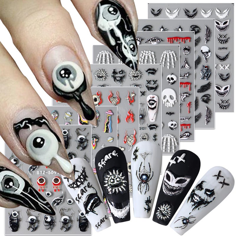 Halloween Nail Art Stickers Decals Black Horror Skull Scary Eyes Skull Demon Nail SelfAdhesive Sticker Designs 5D Engraved Terror Day of The Dead Nail Decal for Women DIY Holiday Decorations