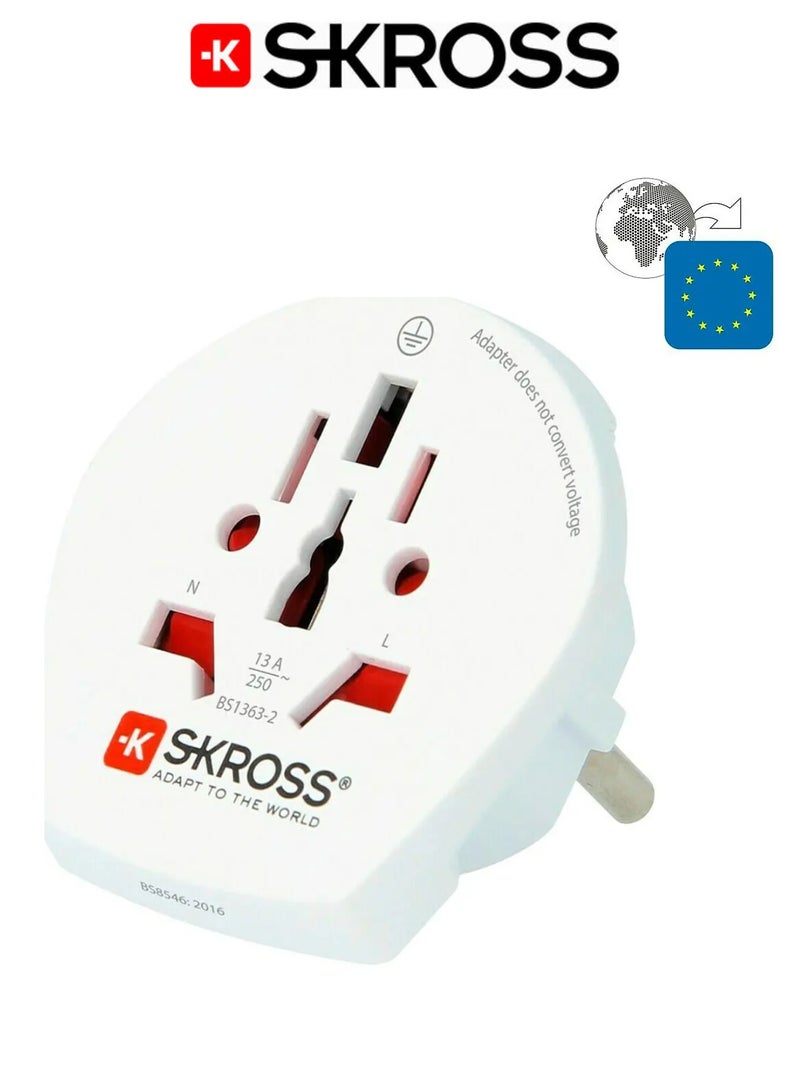SKROSS Universal to Europa travel adapter. Multi outlet power adapter. Certified wall plug. Compact and easy to use travel plug. 250V Europa three prong plug. White plug adapter. - Image 1