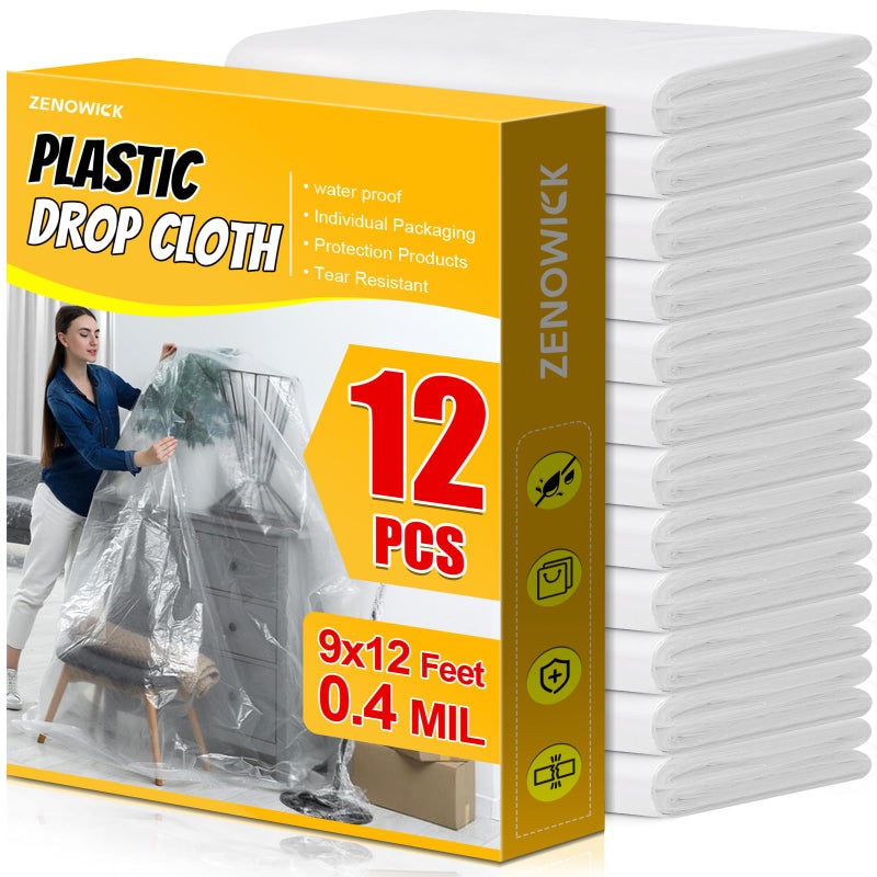 ZENOWICK 12 Pack Plastic Drop Cloth, 9x12 Ft Plastic Sheeting for Painting, Dust-Proof Tear-Resistant Painters Plastics Tarp Cloth for Furniture Floor Sofa Protector Cover Durable & Thick - Image 1