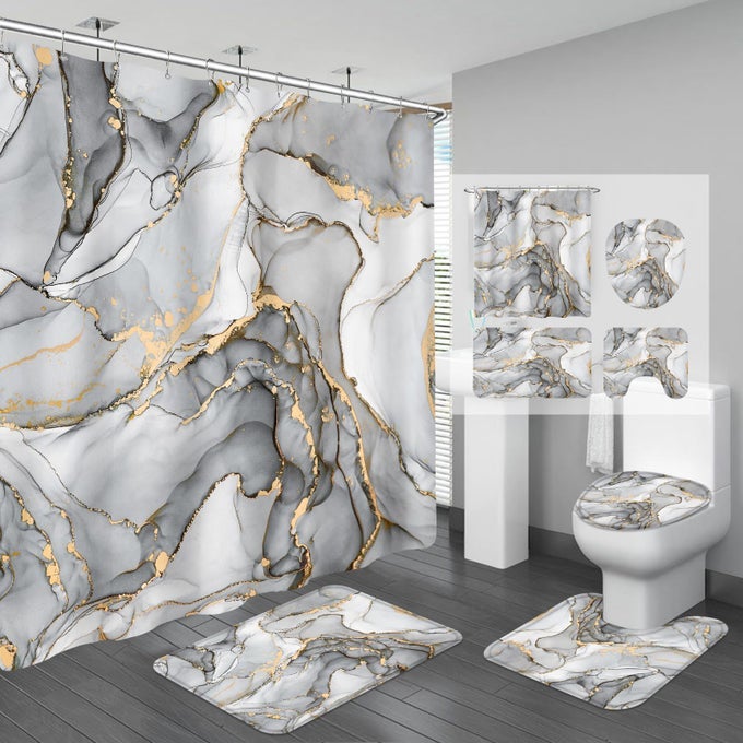 4PCS GREY MARBLE BATHROOM SETS WITH SHOWER CURTAIN AND RUGS ABSTRACT SHOWER CURTAIN SETS WITH RUGS GOLD BATHROOM CURTAINS SHOWER SET WITH TOILET LID COVER ACCESSORIES