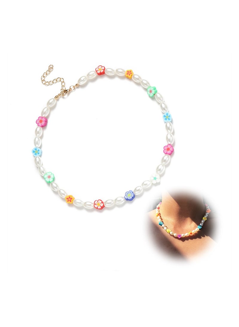 SYOSI Handmade Daisy Flower Necklace, Simulated Pearl Necklace Choker, Colorful Beaded Necklace with Bead Flower, Summer Beach Rave Party Necklace for Women Girls Jewelry Gift - Image 1