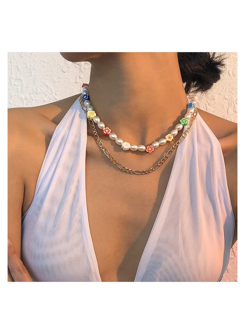 SYOSI Handmade Daisy Flower Necklace, Simulated Pearl Necklace Choker, Colorful Beaded Necklace with Bead Flower, Summer Beach Rave Party Necklace for Women Girls Jewelry Gift - Image 2