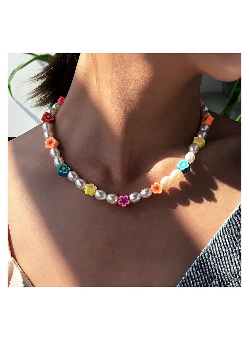 SYOSI Handmade Daisy Flower Necklace, Simulated Pearl Necklace Choker, Colorful Beaded Necklace with Bead Flower, Summer Beach Rave Party Necklace for Women Girls Jewelry Gift - Image 5