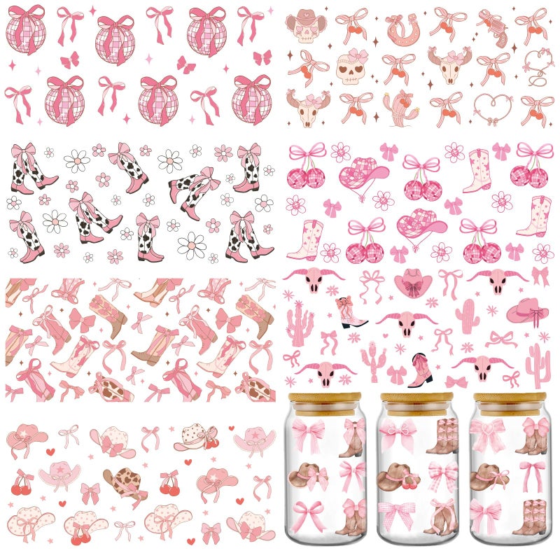 Coquettte Bows UV DTF Decals 8 Sheets Cowboy Hat Uvdtf Cup Wraps for 16 oz Glass Water Bottle Western Boots Transfer Stickers for DIY Laptop Decor Craft Decal Cowboys Gift for Women Pink