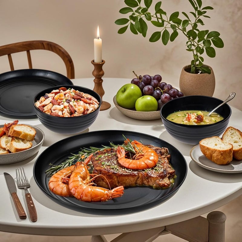 supernal 24pcs Wheat Straw DinnerwareUnbreakable Dinner Plates SetMicrowave Dishwasher SafeBlack Reusable Plates for PicnicBirthdayCamping - Image 2