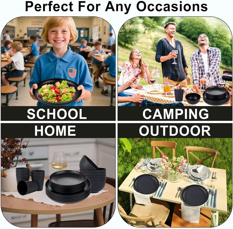 supernal 24pcs Wheat Straw DinnerwareUnbreakable Dinner Plates SetMicrowave Dishwasher SafeBlack Reusable Plates for PicnicBirthdayCamping - Image 5