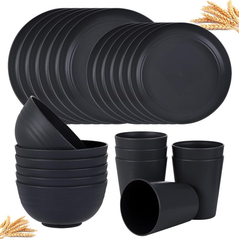 supernal 24pcs Wheat Straw DinnerwareUnbreakable Dinner Plates SetMicrowave Dishwasher SafeBlack Reusable Plates for PicnicBirthdayCamping - Image 1
