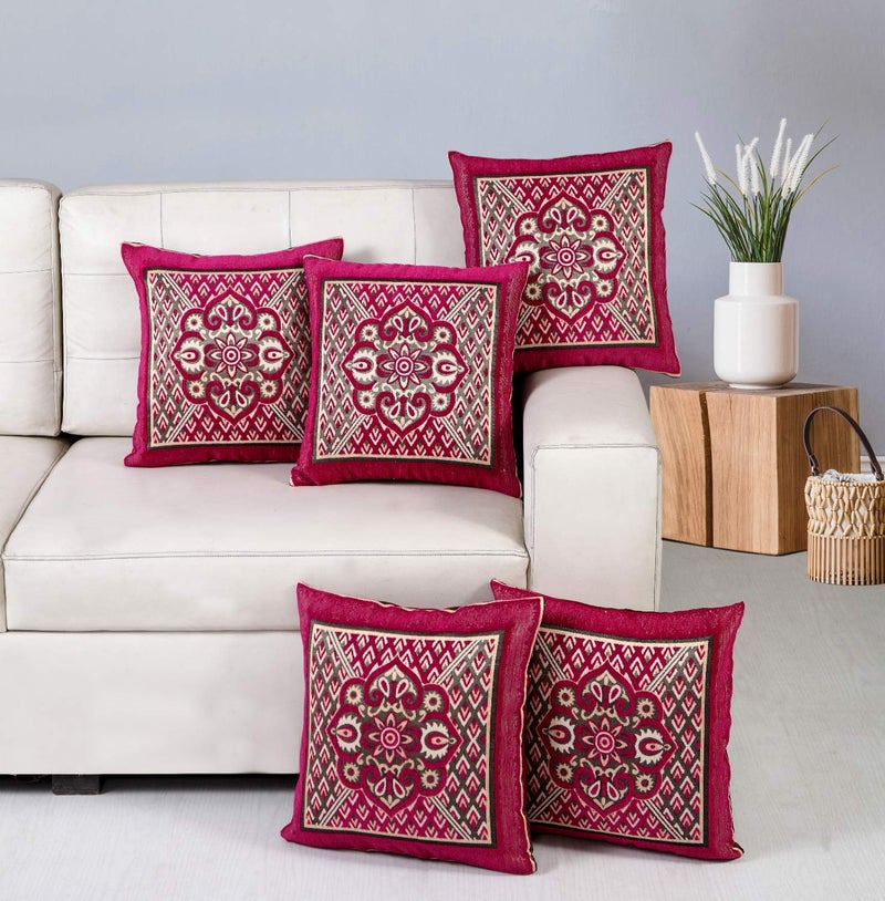 Nendle Jacquard Weaved Decorative Velvet Cushion Cover/Sofa Pillow Cover 500 TC Set Of 5 Pieces (Pink, 16X16 Inches) - Image 4