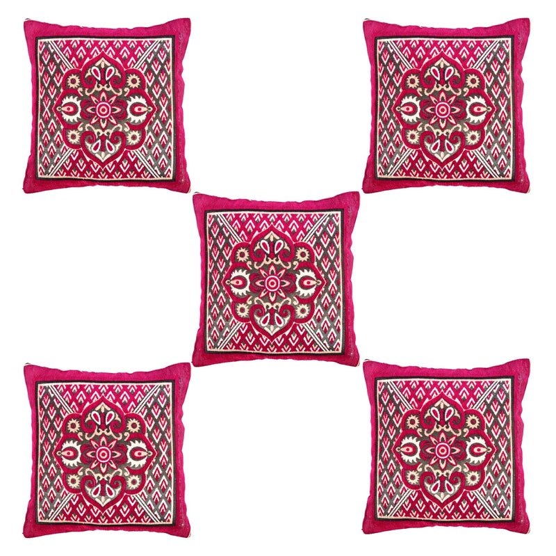 Nendle Jacquard Weaved Decorative Velvet Cushion Cover/Sofa Pillow Cover 500 TC Set Of 5 Pieces (Pink, 16X16 Inches) - Image 2