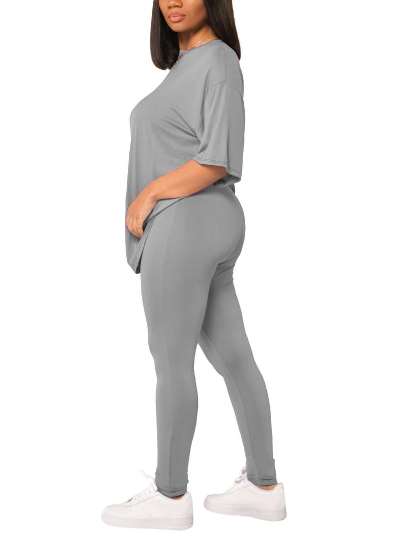 HBQ Women 2 Piece Outfits Summer Sweatsuits Drop Shoulder Tracksuits Biker Short Workout Jogger Sets Grey L - Image 3