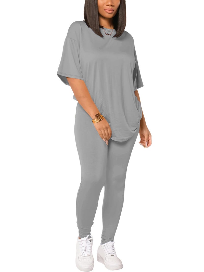 HBQ Women 2 Piece Outfits Summer Sweatsuits Drop Shoulder Tracksuits Biker Short Workout Jogger Sets Grey L - Image 2