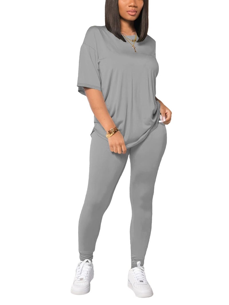 HBQ Women 2 Piece Outfits Summer Sweatsuits Drop Shoulder Tracksuits Biker Short Workout Jogger Sets Grey L - Image 1