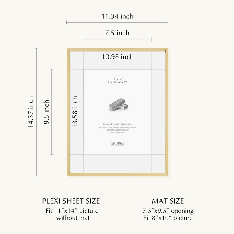 TONES FRAME DESIGN 11x14 Picture Frame Gold Shiny Brushed Aluminum Metal 11 x 14 Gold Frame with Mat for 8x10 and Shatterproof Plexiglass Photo Frame for Art Gallery Wall Decor - Image 2