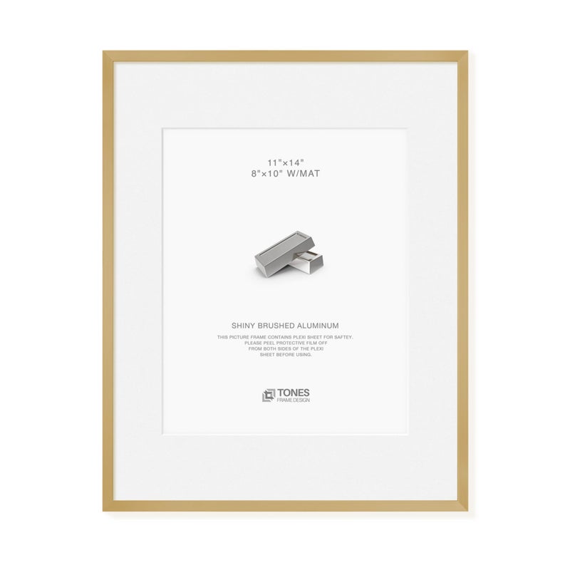 TONES FRAME DESIGN 11x14 Picture Frame Gold Shiny Brushed Aluminum Metal 11 x 14 Gold Frame with Mat for 8x10 and Shatterproof Plexiglass Photo Frame for Art Gallery Wall Decor - Image 1