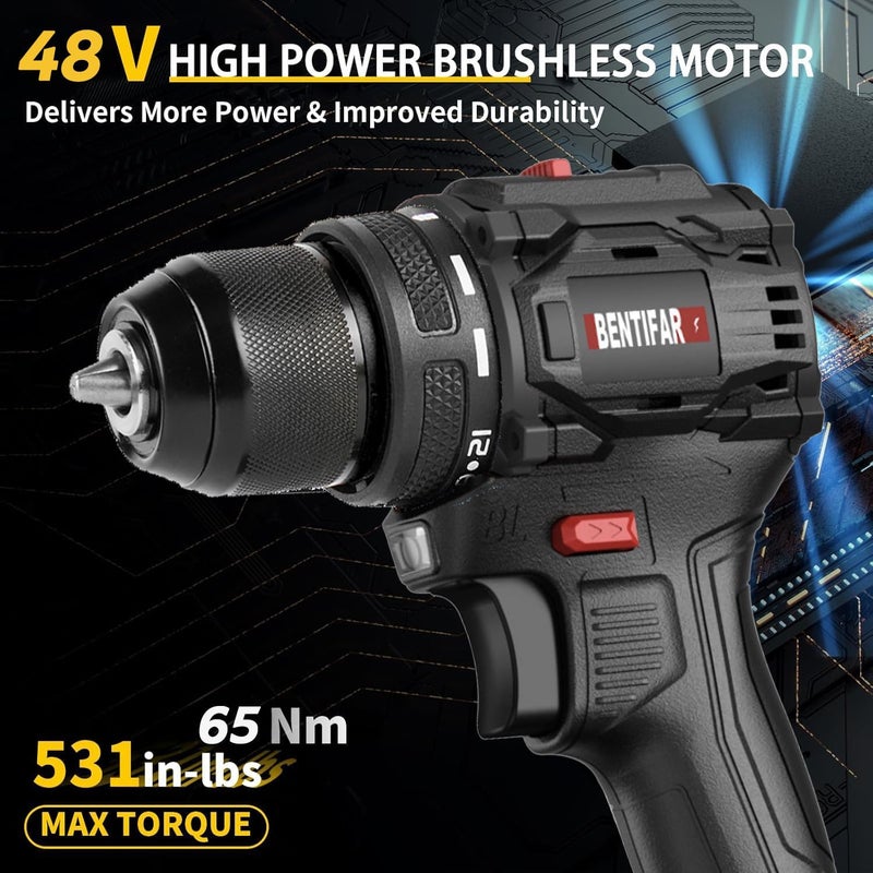 Bentifar 48V Cordless Drill Set, Brushless Electric Drill With 2 Batteries And Charger, 2-Speed Power Drill Driver With 65 Torque Settings, Built-In Led Light, And Storage Case (Black) - Image 2