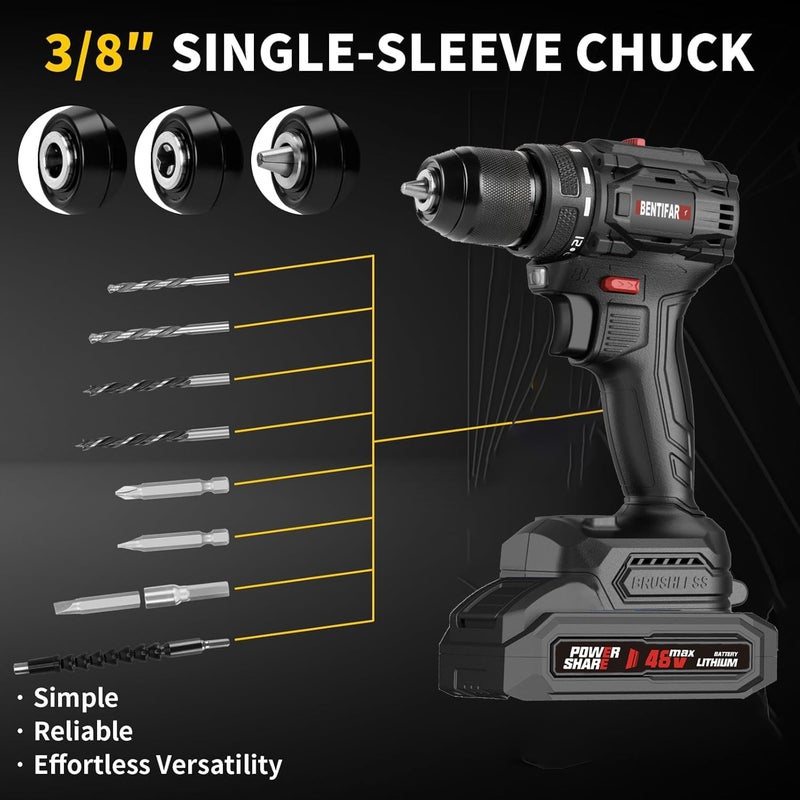 Bentifar 48V Cordless Drill Set, Brushless Electric Drill With 2 Batteries And Charger, 2-Speed Power Drill Driver With 65 Torque Settings, Built-In Led Light, And Storage Case (Black) - Image 4