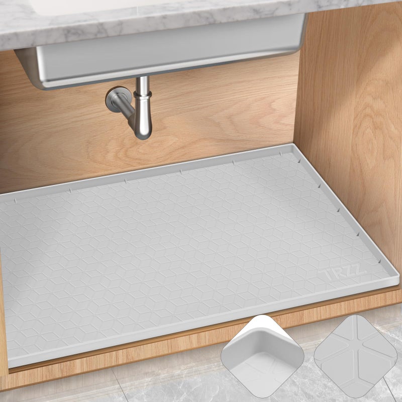 TRZZ Silicone Waterproof Under Sink Mat 34" x 19", Drip Tray and Cabinet Liner for Kitchen and Bathroom, Prevents Water Damage and Organizes Cabinets (Light Grey) - Image 1